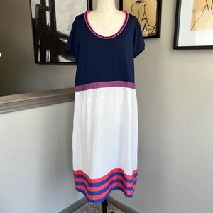 BODEN navy red white striped hem linen and cotton dress